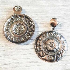 Vintage Large Intricate Brass Plated Metal Dangle Stud Earrings